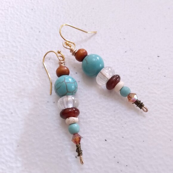 Mixed Gemstones! SouthWestern Stacked Earrings! Unique + Colorful Fall Danglers - Picture 5 of 7